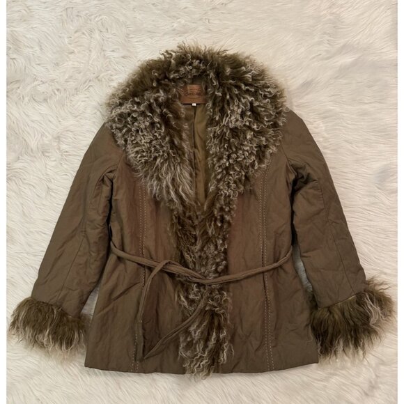 Overland Mongolian Curly Fur Coat Jacket Olive Green Vtg Large - Picture 1 of 8
